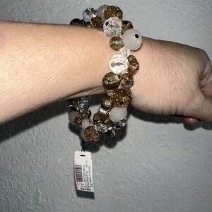 White House Black Market Faux Pearl Stretch Bracelet Silver Tone Beads Bangle